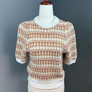 Cropped Sweater Size S Tan Cream Cotton Blend Crew Neck Puff Short Sleeves